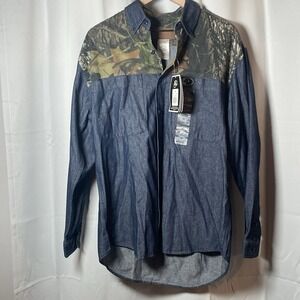 Vtg Y2K 2004 Mossy Oak Apparel Denim Camo Button Down Shirt Mens Medium Collared